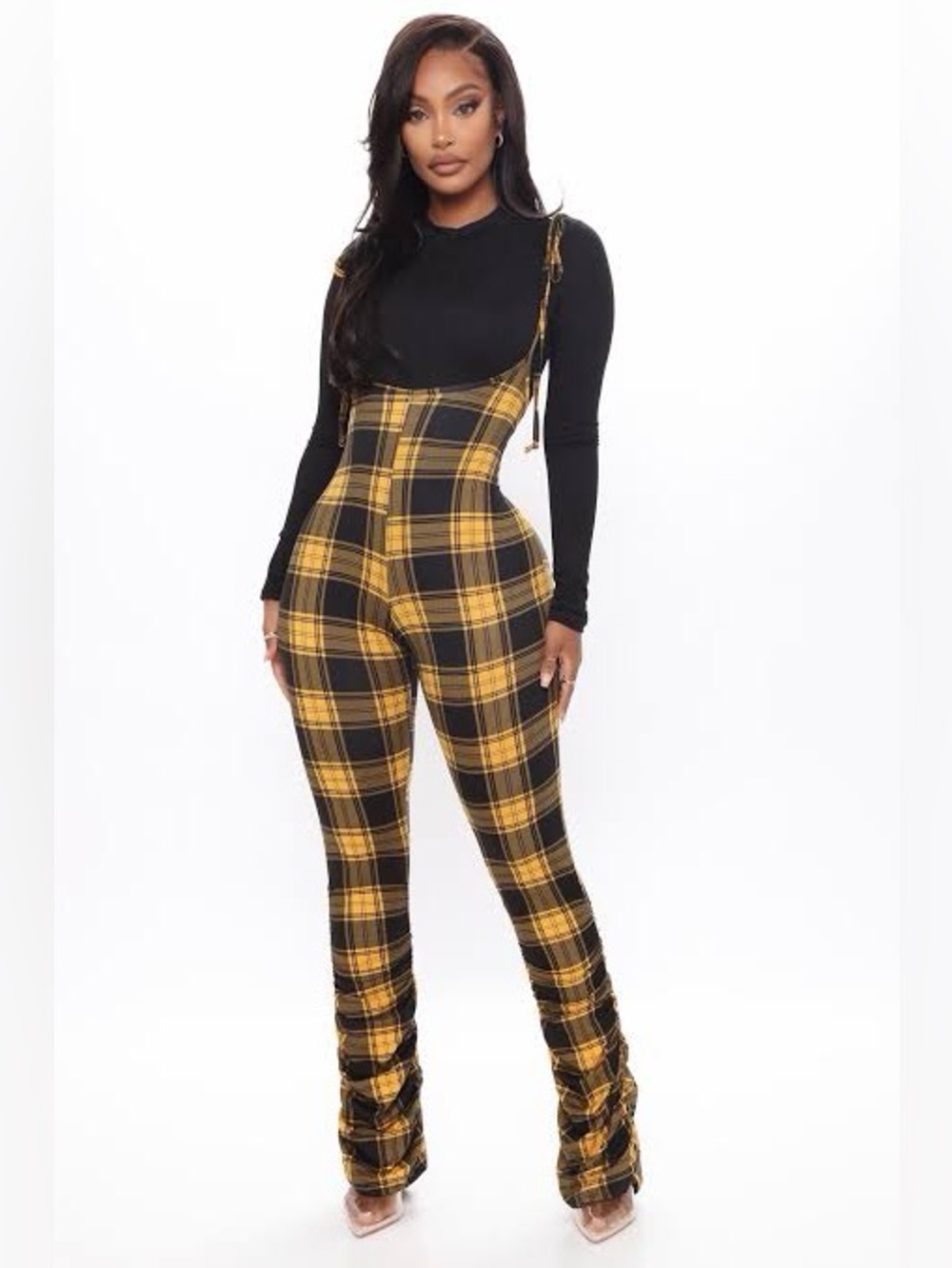 Yellow & Black Plaid Ruched Wide-Leg Jumpsuit